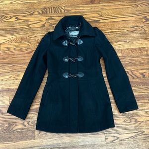 Guess Black Wool Blend Coat with Removable Hood, Toggle and Zipper Front